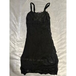 Hale Bob Black Lace Trim Crinkle Sleeveless Dress Womens Large V-Neck Boho LBD